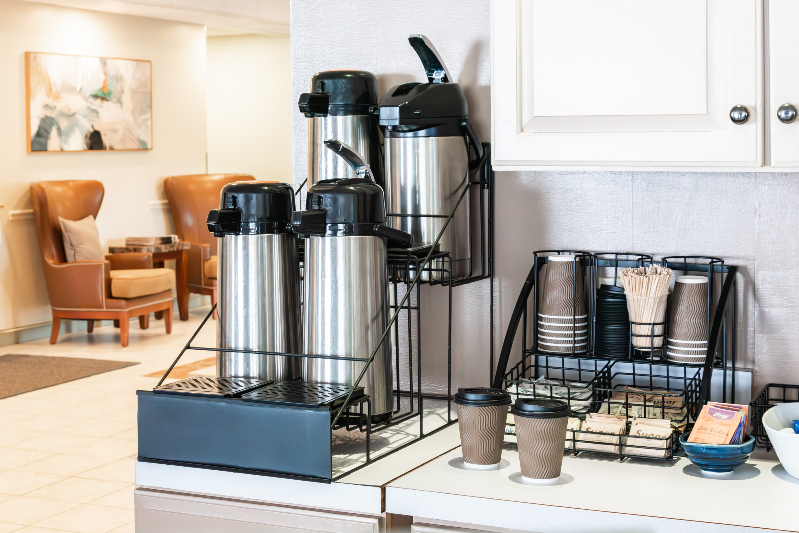 Coffee station in the resident lounge at The Residences, Hadley, MA